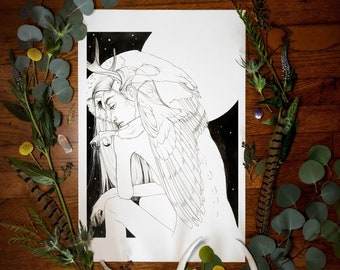 May include: A black and white ink drawing of a woman with owl wings and antlers. The woman is sitting with her head down and her wings are spread out behind her. The background is a dark starry sky.