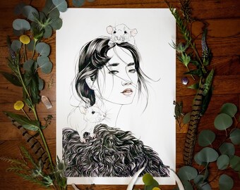 Zodiaco chino Giclée Impresión de bellas artes / Año de la rata / Año nuevo lunar / Zodíaco lunar / Mitología / Folclore / Astrología