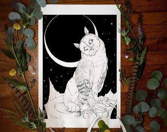 May include: A black and white illustration of an owl perched on a tree stump with a crescent moon and stars in the background.