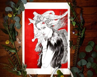 May include: A black and white line drawing of a person with horns and a goat head, set against a red background. The person is wearing a fur-lined garment and has a serious expression.