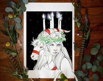 Sankta Lucia (Santa Lucia, Saint Lucy) Fine Art Giclee Print | Sankta Lucia Art Print | Christmas Print | Scandinavian Folklore