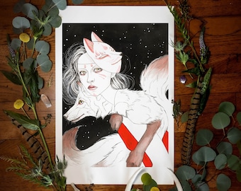 Kitsune Giclée Impresión de bellas artes / Espíritu de zorro japonés / Mitología / Folclore / Yokai / Folclore japonés
