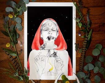 May include: A black and white illustration of a woman wearing a red hooded cloak. Her eyes are closed and she is holding two moths in her hands. The background is a dark night sky with stars.