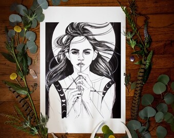Impresión de arte de brujas, arte folclórico, cartel de brujas, cartel de brujas, arte oscuro,