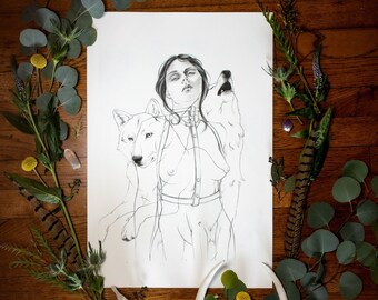Woman and Wolf Familiars Fine Art Giclee Print | Figurative Print | Figurative Art | Wolf Art| Dark Art