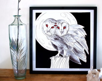 May include: A black and white illustration of an owl with multiple eyes, perched on a wooden post against a full moon backdrop. The owl's eyes are red, and the moon is white.