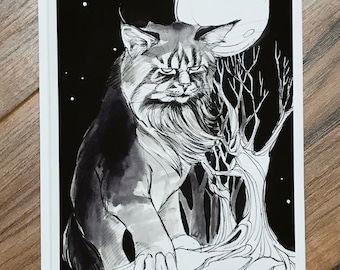 Yule Cat (Jólaköttur) Art Print Greeting Card| Yule Cat Greeting Card| Giant Cat| Christmas Myths| Folklore| Winter Folklore| Folklore Card