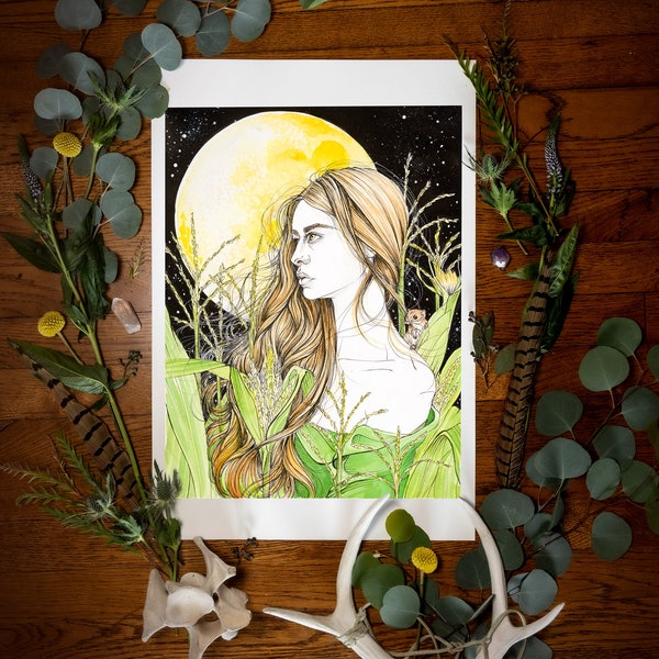 Moon Month Series: September- The Harvest (Corn) Moon Giclée Fine Art Print| September Full Moon| Moon Folklore| Mythology| Folklore