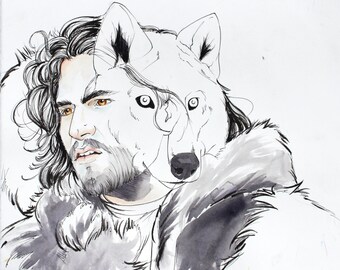 Könnte beinhalten: Schwarz-weiß-Tintenzeichnung eines Mannes mit einem überlagerten Wolfskopf. Der Mann hat langes Haar und einen Bart, und der Wolfskopf ist teilweise von seinem Haar verdeckt. Die Zeichnung ist in einem realistischen Stil gehalten.