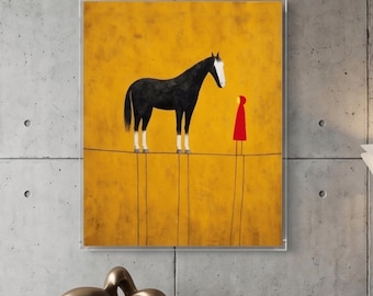 Horse Wall Art, Surreal Folk Painting, Black Horse Canvas Decor for Living Room, Bedroom, Office