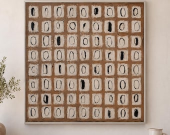 Brown Abstract Grid Oil Painting, Neutral Geometric Wall Art, Textured Square Canvas, Modern Rustic Home Decor, Wabi Sabi Artwork