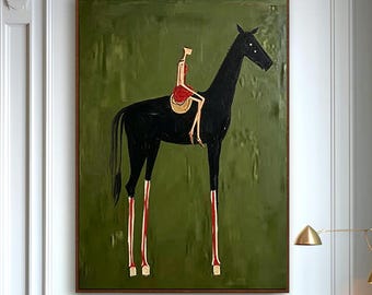 Cuadro decorativo de jinete ecuestre verde, pintura al óleo figurativa moderna de estilo occidental pintada a mano, lienzo elegante, neutra y caprichosa.