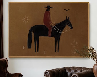 Japandi Horse Rider Original Oil Painting, Large Brown Vintage Western Cowboy Canvas, Neutral Minimalist Figure Textured Wall Art