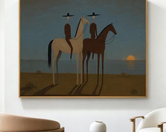 Japandi Western Cowboy Original Oil Painting, Vintage Horse Rider with Martini Canvas , Large Neutral Textured Equestrian Figure Wall Art