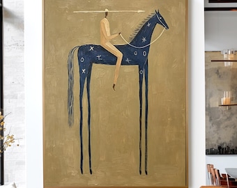 Equestrian Western Cowboy Wall Art, Hand-Painted Minimalist Horse Rider Modern Figurative Painting, Neutral Whimsical Elegant Canvas Art