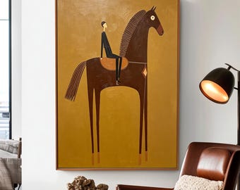 Abstract Western Horse & Figure Oil Painting, Light Brown Minimalist Vintage Cowboy Canvas , Large Rider Folk Wall Art for Living Room
