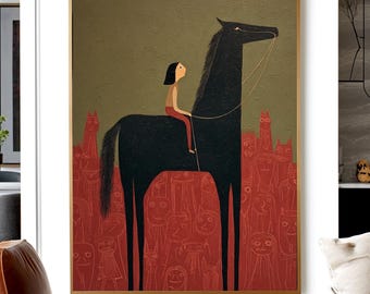 Handmålad oljemålning med flicka som rider på en häst, minimalistisk westernryttare modern figurativ kanvaskonst, neutral rustik elegant väggkonst för entrén