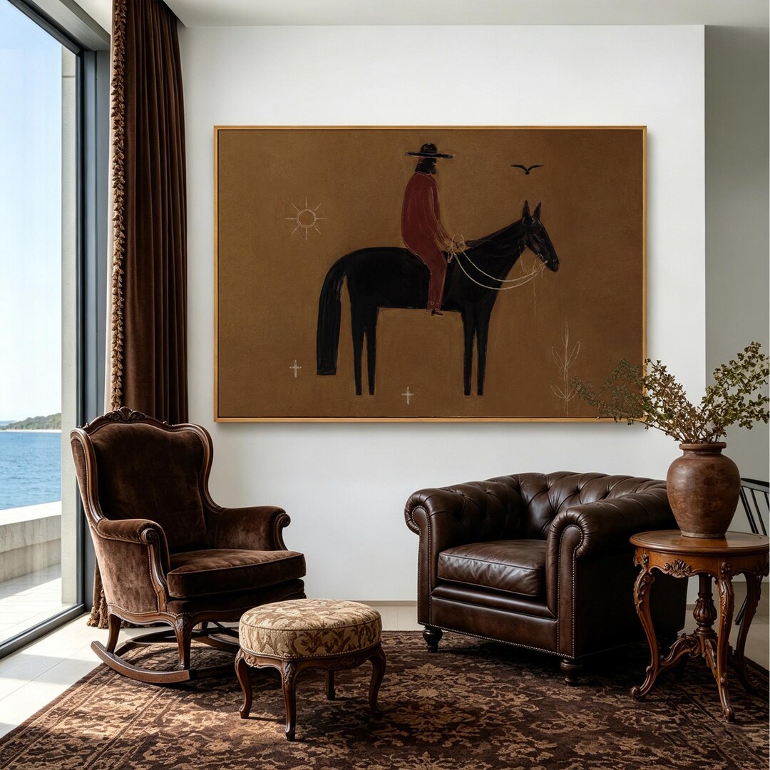 Japandi Horse Rider Original Oil Painting, Large Brown Vintage Western ...