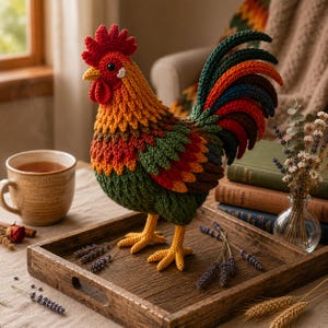 May include: A colorful, handcrafted rooster figurine made of yarn. The rooster features a red comb, yellow beak, and a vibrant array of colors including orange, green, and red. It is displayed on a wooden tray with a cup of tea and decorative items.