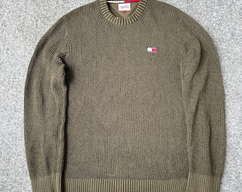 Vintage Tommy Jeans Ribbed Knit Sweater Olive Green Crewneck Y2K Minimal Jumper Size M