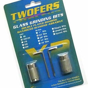 May include: A package of Twoifers glass grinding bits with double plated bonding and maximized diamond abrasive. The package includes a variety of grit sizes, bit sizes, and types of bits, including ripple, jewelry, and speed bits. The package also includes two wrenches for tightening the bits.