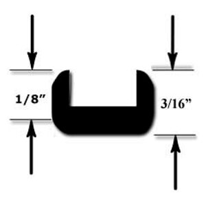 May include: Black rubber U-shaped trim with a 1/8 inch height and a 3/16 inch width. This trim is commonly used for edging and sealing.