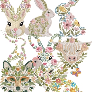 May include: Embroidered animal designs, including a rabbit, fox, cow, and chicken, adorned with floral patterns. The designs feature a variety of colors, including green, pink, and orange, and are set against a white background. The text at the top reads "SIZE 4-5-7 DST | JEF | VP3 | PES | EXP."