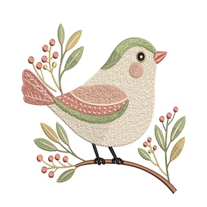 Könnte beinhalten: Ein gesticktes Vogeldesign in sanften Pastellfarben, das auf einem Ast mit Blättern und Beeren sitzt. Der Vogel hat einen grünen Kopf, rosa Akzente und einen strukturierten Körper. Das Bild enthält den Text "SIZE 4-5-7 DST | JEF | VP3 | PES | EXP".