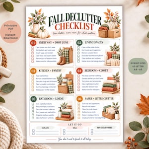May include: A Fall Declutter Checklist printable document featuring six numbered sections for home organization. The design includes watercolor illustrations of pumpkins, autumn leaves, and baskets. Text includes headers for Entryway, Living Spaces, Kitchen, Bedroom, Bathroom, and Paper, with checkboxes for tasks and a bottom section for Donate, Sell, or Move Elsewhere.
