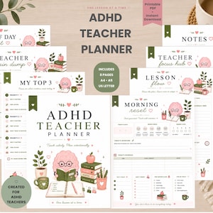 Op de afbeelding: Een printbare ADHD-docentenplanner-set met acht pagina's, een roze hersenillustratie, groene accenten en tekst waaronder ADHD TEACHER PLANNER, MORNING RESET, LESSON FLOW, MY TOP 3, TEACHER BRAIN DUMP en NOTES.