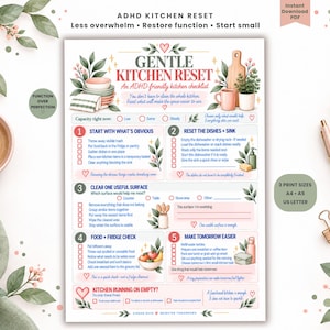 May include: A printable ADHD kitchen reset checklist featuring five numbered steps for organizing kitchen tasks. The document includes watercolor illustrations of plants, dishes, and kitchen tools, with text headers and checkboxes for tracking progress.