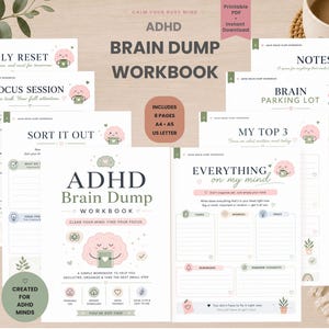 Könnte beinhalten: Ein druckbares ADHD Brain Dump Workbook mit mehreren Seiten, pastellrosa Gehirnillustrationen, grünen Akzenten und organisierten Abschnitten für tägliche Aufgaben und Fokus-Sitzungen, inklusive dem Text ADHD Brain Dump Workbook.