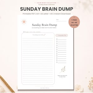 Sonntags-Brainstorming-Vorlage zum Ausdrucken, Wochenplaner, Tagebuch zur mentalen Entrümpelung (Digitaler Download)