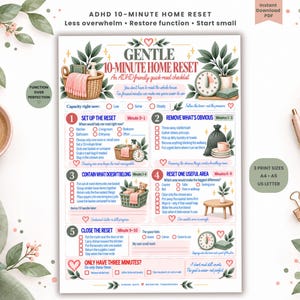 May include: A printable ADHD 10-minute home reset checklist featuring five numbered steps, illustrated with watercolor-style baskets, plants, and clocks. The text includes instructions for organizing, cleaning, and managing household tasks efficiently.