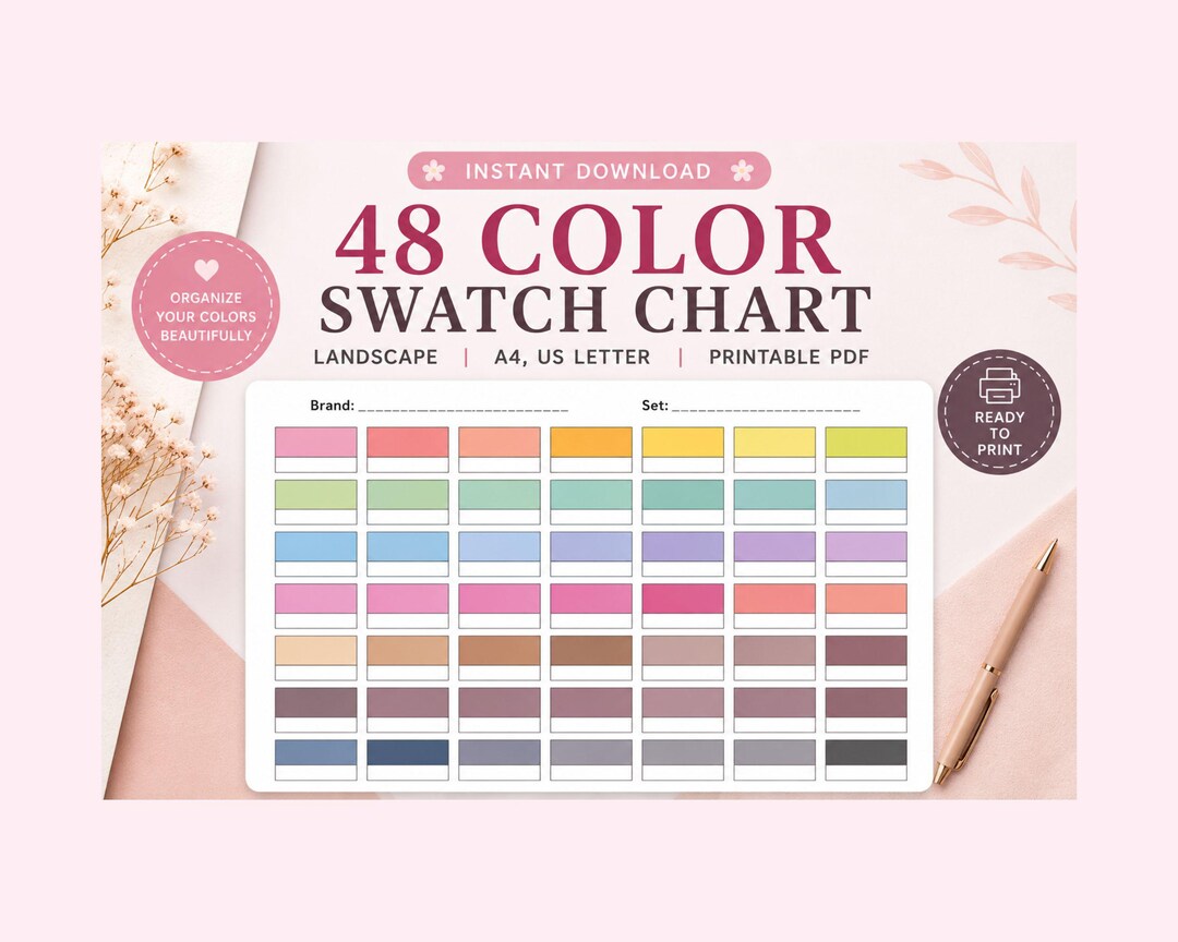 48 Color Swatch Chart Printable Marker Tracker A4 US Letter PDF - Etsy