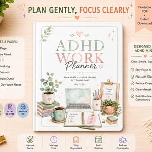 Planificador de trabajo imprimible para TDAH, función ejecutiva, concentración y gestión del tiempo, PDF de trabajo diario