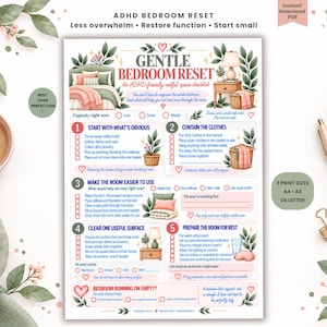 May include: A printable ADHD bedroom reset checklist featuring five numbered steps with illustrations of a bed, nightstand, and plants. The document includes text headers, checkboxes, and decorative heart icons in a soft color palette of green and pink.