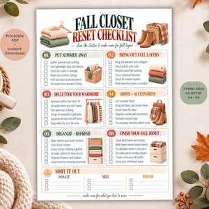 May include: A Fall Closet Reset Checklist printable document featuring six numbered steps for organizing clothing, including sections for donating, selling, and repairing items, with illustrations of sweaters, boots, and baskets.