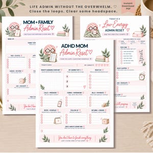 Può includere: Tre pagine di pianificazione stampabili intitolate Mom + Family Admin Reset, ADHD Mom Admin Reset e Low-Energy Admin Reset. Ogni pagina presenta un personaggio a forma di cervello, caselle di controllo e sezioni per organizzare le attività quotidiane, le bollette e gli impegni familiari.