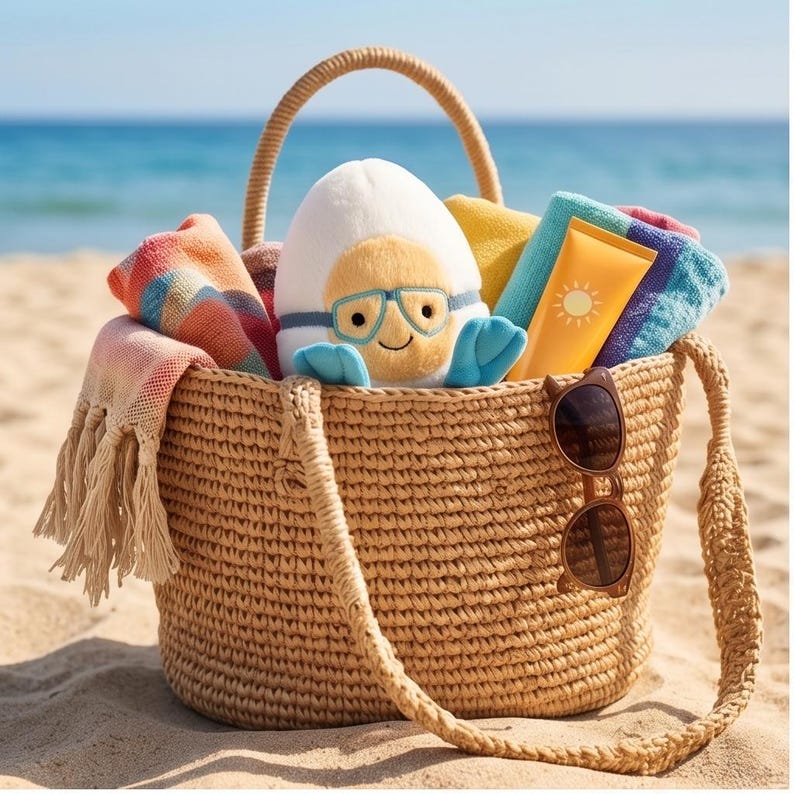 May include: A woven straw beach bag filled with beach essentials. Inside, a plush egg character wearing goggles sits among colorful towels, sunscreen, and sunglasses. The bag has a handle and a shoulder strap, perfect for a day at the beach.
