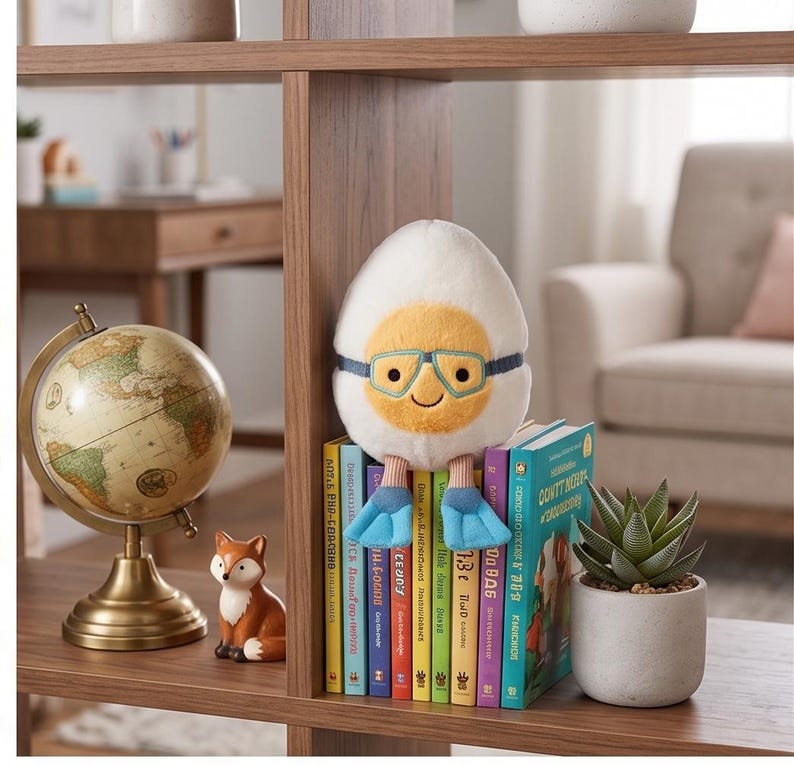 May include: A plush egg character with glasses and flipper feet sits atop a stack of colorful books. A small globe and a fox figurine are on the shelf. The egg has a yellow yolk and a smiling face.