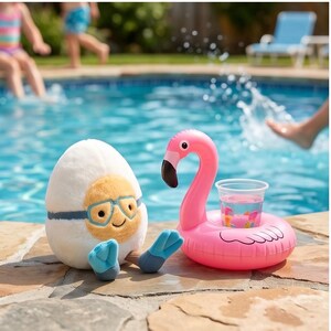 May include: A plush egg character wearing goggles and flippers sits next to a pink flamingo drink holder in a pool. The flamingo float holds a clear cup with a pink liquid. The scene evokes summer fun.