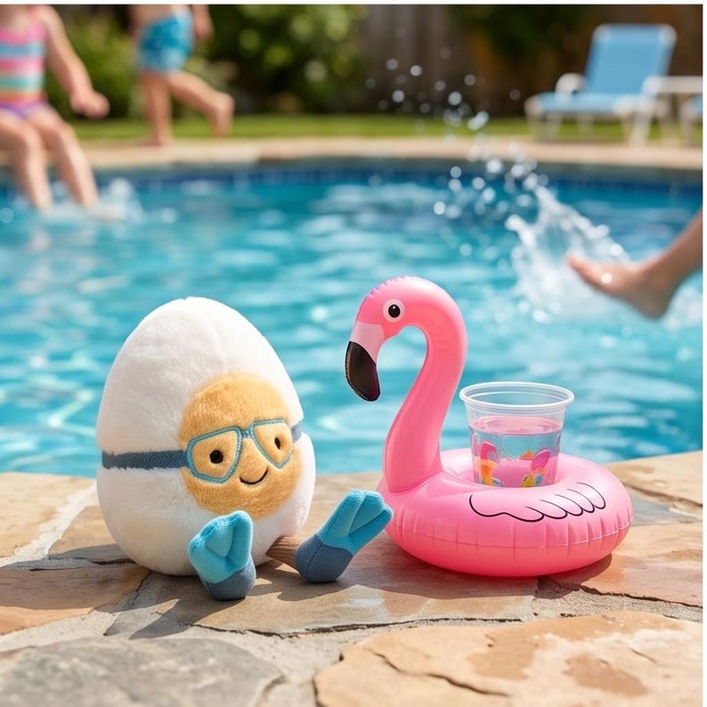 May include: A plush egg character wearing goggles and flippers sits next to a pink flamingo drink holder in a pool. The flamingo float holds a clear cup with a pink liquid. The scene evokes summer fun.