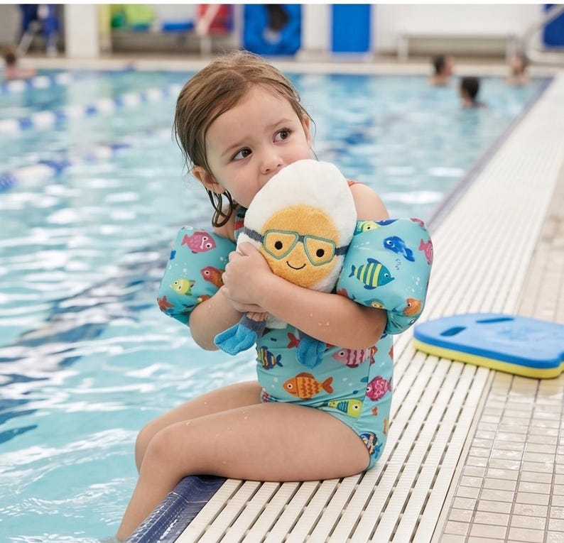 May include: A young child wearing a turquoise swimsuit and arm floaties, hugging a plush toy shaped like a swimmer. The swimsuit and floaties feature colorful fish illustrations. The child is sitting by a swimming pool.