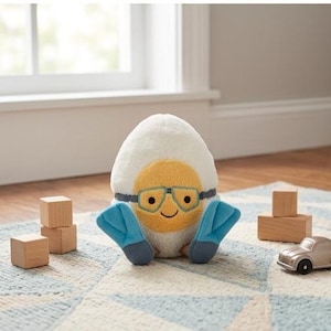 May include: A plush egg-shaped toy with a yellow face wearing teal-rimmed glasses and blue flipper-like appendages. The toy is on a patterned rug with wooden blocks and a toy car nearby. The egg has a smiling face.