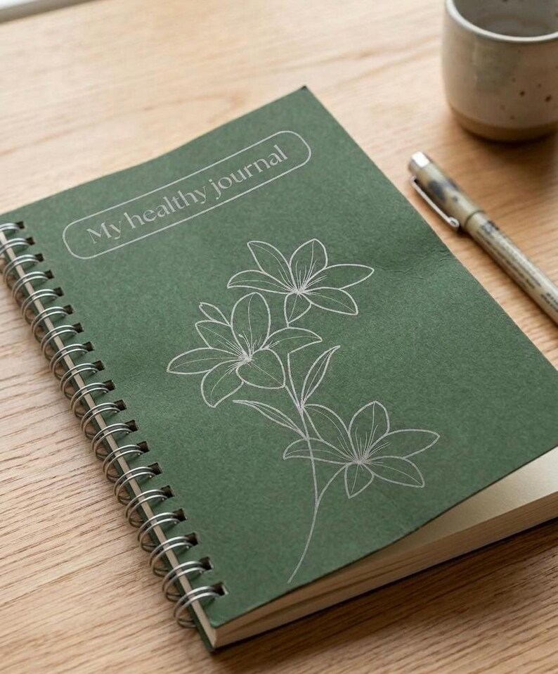 Puede incluir: Un diario verde con espiral con el texto "My healthy journal" y un dise&ntilde;o floral blanco. El diario est&aacute; abierto, revelando p&aacute;ginas en blanco. Un bol&iacute;grafo y una taza est&aacute;n sobre la superficie de madera.
