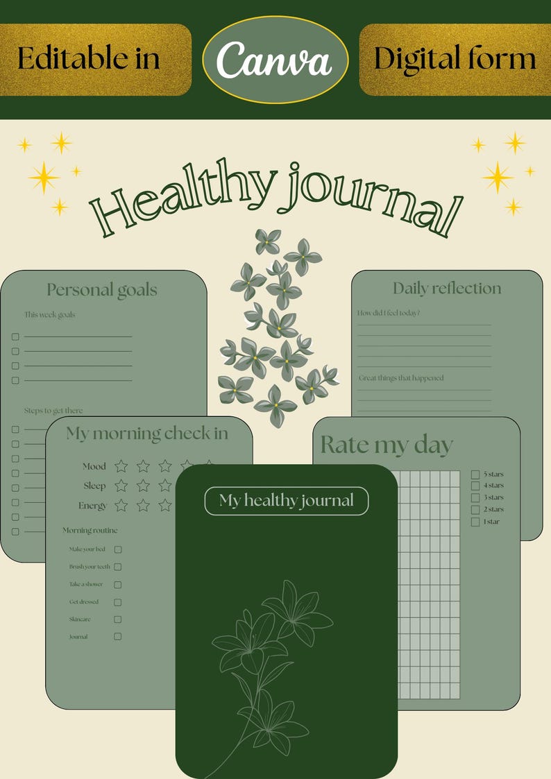 Puede incluir: Una plantilla digital de diario de salud con una combinaci&oacute;n de colores verde y beige. El dise&ntilde;o incluye secciones para objetivos personales, reflexi&oacute;n diaria y un control matutino. El texto "Healthy journal" se muestra de forma destacada.