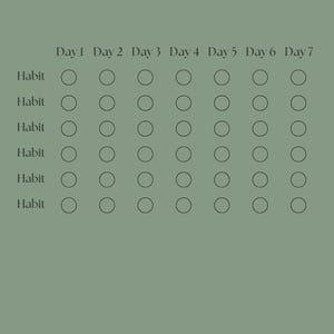 Puede incluir: Un rastreador de h&aacute;bitos verde con las palabras "Habit tracker" en la parte superior. El rastreador tiene siete columnas etiquetadas "D&iacute;a 1" a "D&iacute;a 7" y seis filas etiquetadas "H&aacute;bito" con c&iacute;rculos para el seguimiento.