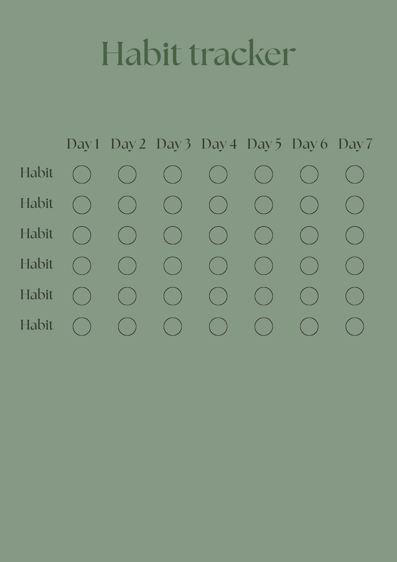 Puede incluir: Un rastreador de h&aacute;bitos verde con las palabras "Habit tracker" en la parte superior. El rastreador tiene siete columnas etiquetadas "D&iacute;a 1" a "D&iacute;a 7" y seis filas etiquetadas "H&aacute;bito" con c&iacute;rculos para el seguimiento.