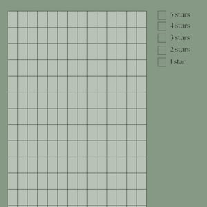 Puede incluir: Un gr&aacute;fico verde salvia para calificar el d&iacute;a con el texto "Rate my day" en la parte superior. El gr&aacute;fico incluye una cuadr&iacute;cula para el seguimiento y una escala de calificaci&oacute;n de 1 a 5 estrellas. Ideal para el diario diario y la autorreflexi&oacute;n.